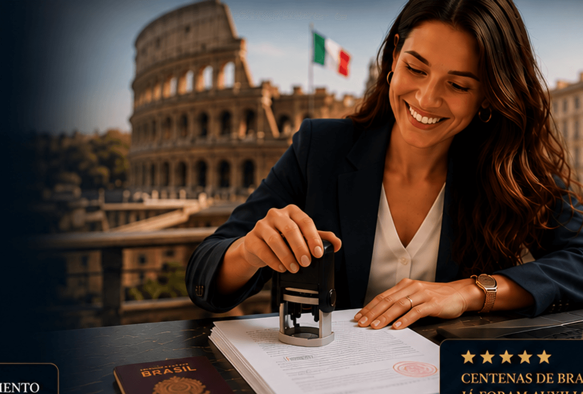Profissional carimbando documentos oficiais com passaporte brasileiro e Roma ao fundo